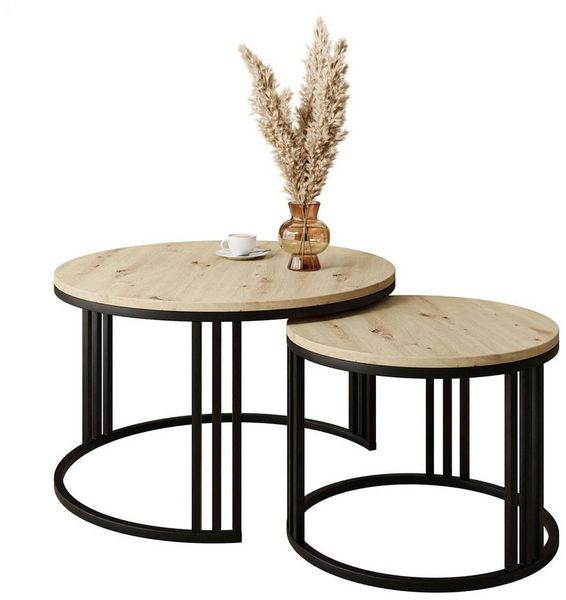 Lookway Couchtisch LORI LOFT 2in1 mit Tischplatte in Eiche-Dekor (2er Set), Durchmesser: ⌀70 cm und ⌀50 cm
