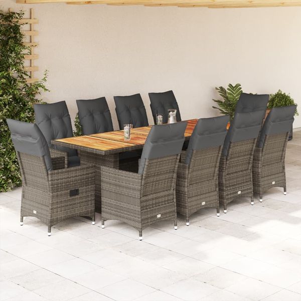 vidaXL 11-tlg. Garten-Bistro-Set mit Kissen Grau Poly Rattan 3277239