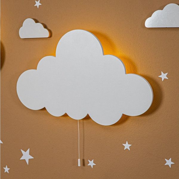 COZYCOLLECTIONS LED Wandleuchte LED-Wandnachtlicht „Weiße Wolke“ in Holzoptik, LED, Warmweiß, handbemalt, inkl. weiße Wolke (ohne blaue und grünen Balloons)