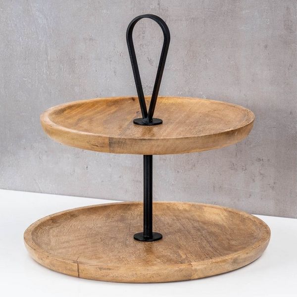 Levandeo® Etagere, Etagere 2 Etagen H35cm Mango Holz Schwarz Natur Servierplatte