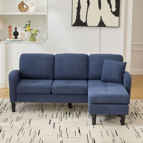 3-Sitzer Ecksofa B 166 x T 118 x H 77 cm aus blauem Cord mit flexibel montierbarer Chaiselongue