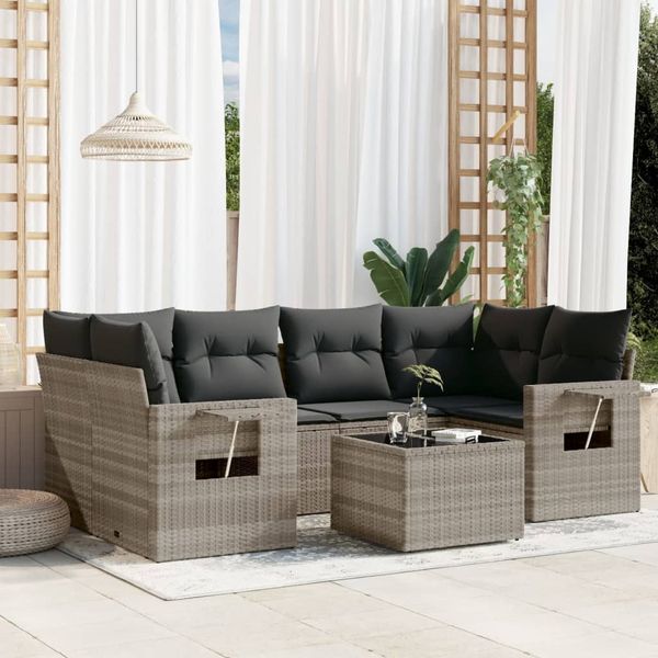 vidaXL 7-tlg. Garten-Sofagarnitur mit Kissen Hellgrau Poly Rattan 3219921