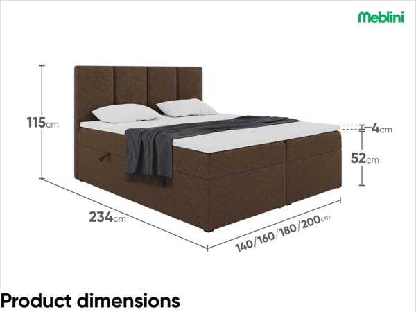 MEBLINI Boxspringbett CRISTIANO 180x220 cm mit Bettkasten - H3/Braun Webstoff Polsterbett - Doppelbett mit Topper & Taschenfederkern-Matratze Bild 7