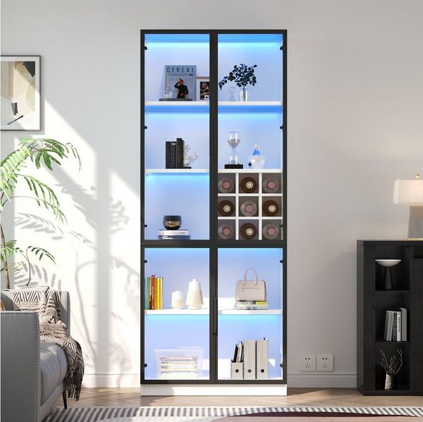 HAUSS SPOLE Vitrine mit Glastüren,Hochschrank Standvitrine mit LED-Beleuchtung&Weinregal (Bücherschrank, Sideboard, Glasvitrine, 1-St, 80*35*200cm) Weinschrank, Glasregal mit Glastüren, LED