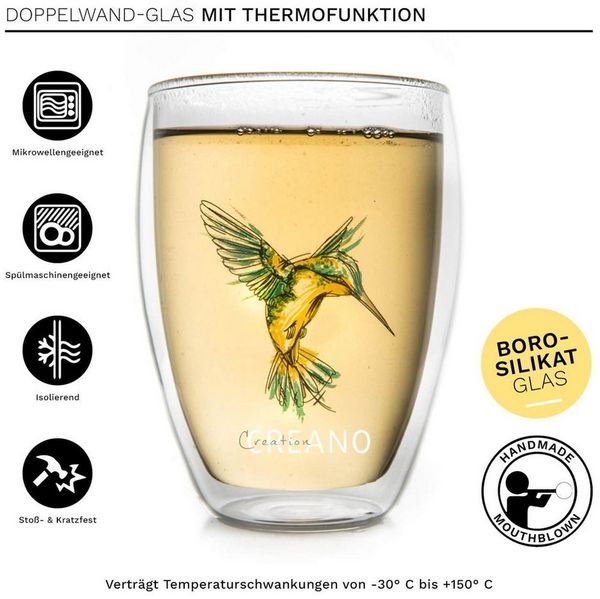 Creano Teeglas Tee-Glas, Latte Machiato, Thermobecher Kolibri Grün, 250ml, Borosilikatglas, 1x bedrucktes Glas