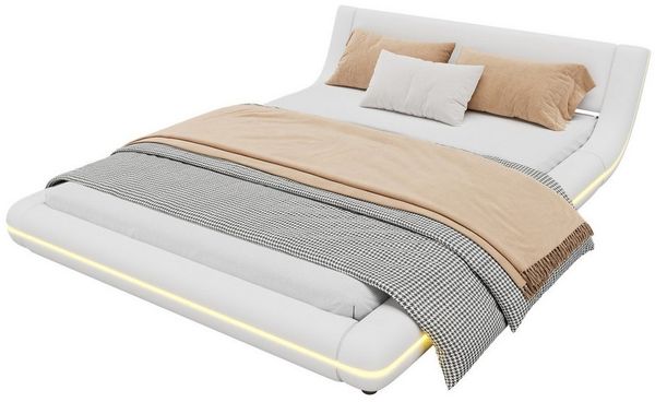 HAUSS SPOLE Polsterbett 140x200 cm Flachbett, Bodenbett mit LED-Umgebungslicht, PU weiß
