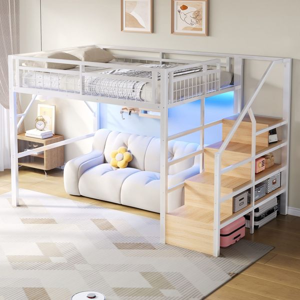 Hochbett mit RGB LED-Streifen, Lattenrost, Treppe, Regal, Rausfallschutz, 140x200cm, Kinderbett, Metallbett, Jugendbett