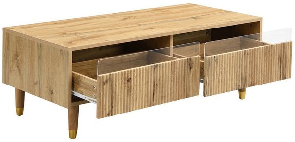 KLAM HOME Couchtisch Couchtisch mit gold-weißen Massivholzbeinen, LED-Beleuchtung (Wohnzimmertisch, Sofatisch, 1-St, zwei Schubladen), mit farbwechselnden LED-Lichtstreifen