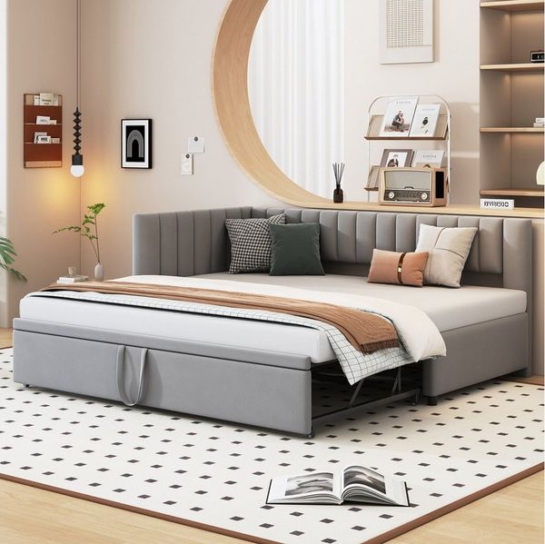 Merax Daybett (Tagesbett aus Samt), Polsterbett mit Ausziehbett,Schlafsofa mit Armlehne,90/180x200cm