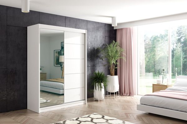 ALTDECOR Schiebetürenschrank MAKI (Kleiderschrank Garderobenschrank mit viel Stauraum, Moderner Schrank) Spiegel Spiegeltüren Vielseitiger Schwebetürenschrank LED Beleuchtung