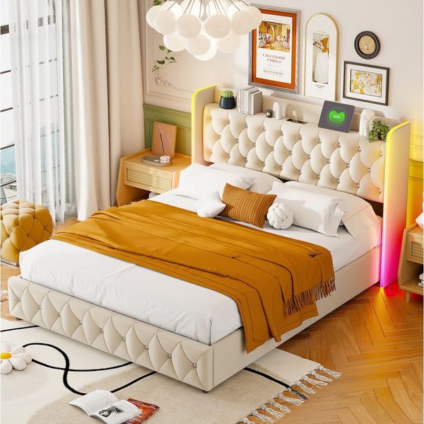 FUROKOY Stauraumbett Hydraulisches Funktionsbett mit LED-Beleuchtung (1-tlg, Polsterbett Doppelbett 160x200 cm mit Kopfteil und Ladeanschluss), Vintage-Knopfdesign, Ohne Matratze, Samt, Beige