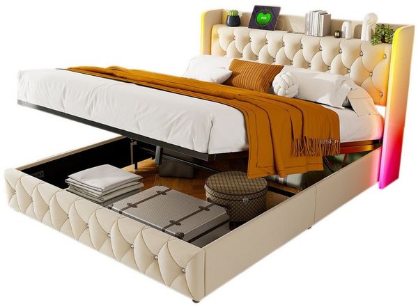 FUROKOY Stauraumbett Hydraulisches Funktionsbett mit LED-Beleuchtung (1-tlg, Polsterbett Doppelbett 160x200 cm mit Kopfteil und Ladeanschluss), Vintage-Knopfdesign, Ohne Matratze, Samt, Beige