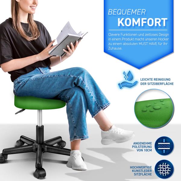 TRESKO Rollhocker höhenverstellbar Grün | Drehhocker 10 cm Dicke Polsterung | Arbeitshocker 360° drehbar | Hocker Bild 8