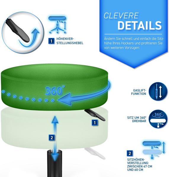 TRESKO Rollhocker höhenverstellbar Grün | Drehhocker 10 cm Dicke Polsterung | Arbeitshocker 360° drehbar | Hocker Bild 10