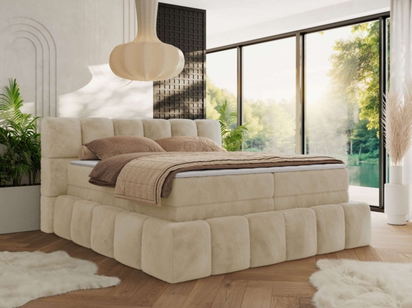 Boxspringbett NIRA KING, Doppelbett mit Fußteil, 7-Zonen Multipocket-Matratzen und Topper, Schlafzimmerbett - 180 x 200 cm - Creme Plüsch - H4