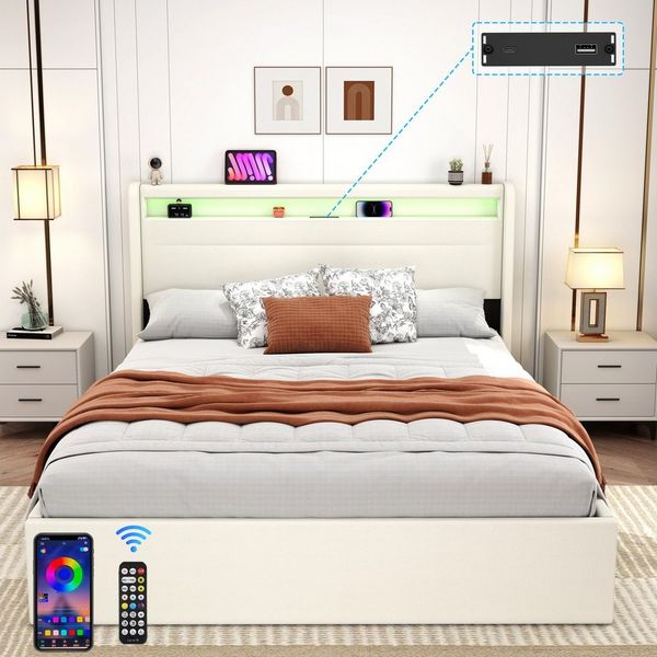 oyajia Polsterbett Stauraumbett Doppelbett LED, PU-Kunstleder (Type-C + USB, Hydraulisch hebbarer Stauraum), Modernes Jugendbett, Leises Design Bett, Max. Belastbarkeit 365 kg