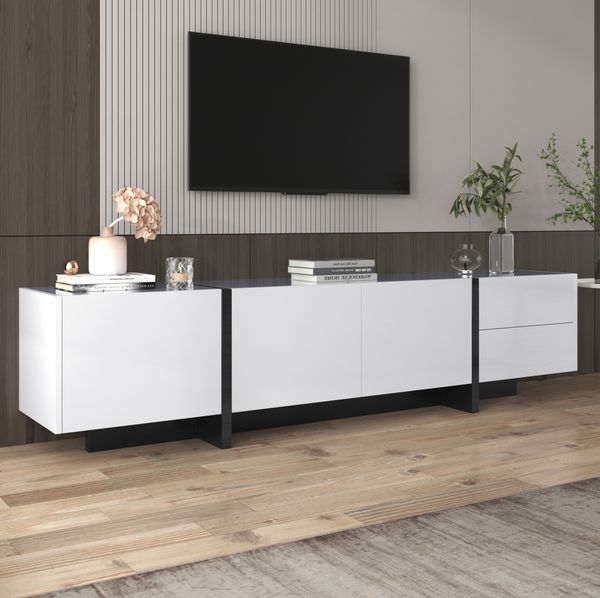 TV-Schrank 190x45x35 cm in Hochglanz Weiß und Schwarz mit Türen und Schubladen
