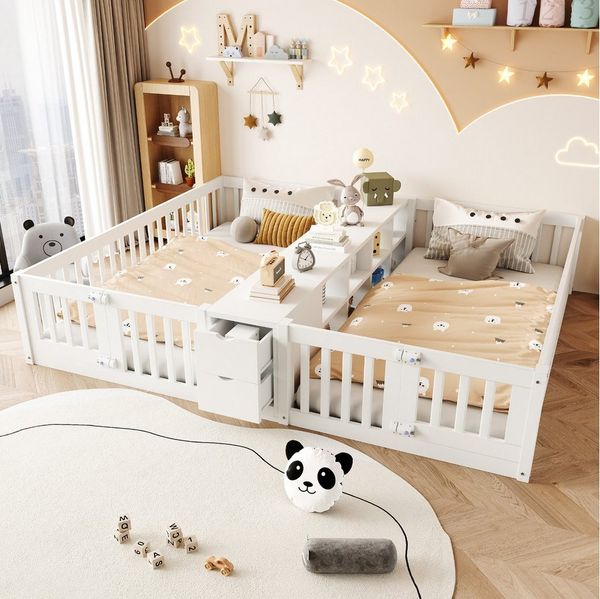 Flieks Kinderbett, Bodenbett Holzbett 90x200 cm*2 mit Schubladen und Doppelstöckigem Regal