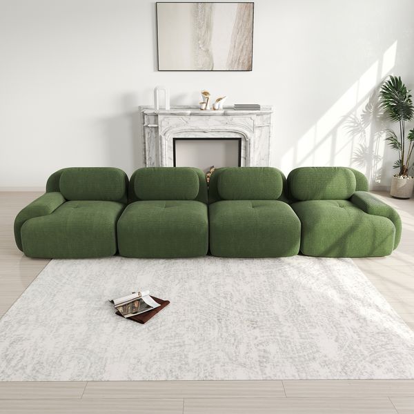 Modulares Ecksofa aus Cord 388x103x75 cm mit 32D Schaum und rutschfestem Boden, grün