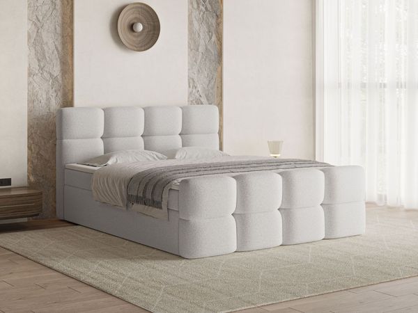 GRAINGOLD Rivon Doppelbett 180x200, Boxspringbett, zwei Bettkästen, mit Kopfteil, Modern Stil, Bouclé-Stoff, Hellgrau