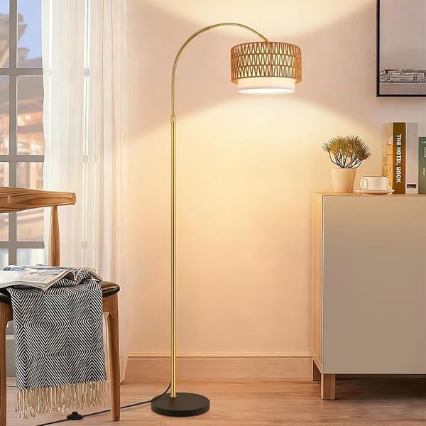 ZMH Boho Stehlampe Rattan Bogenlampe Gold Dimmbar Fernbedienung E27 LED 165–180cm Höhenverstellbar 350° Drehbar Für Wohnzimmer Schlafzimmer Büro