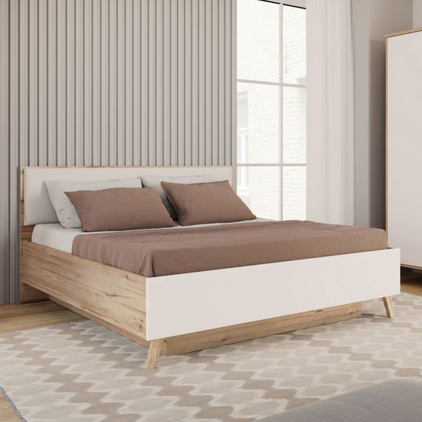 Forte VANKKA Bettgestell, Liegefläche: 160 x 200 cm, Skandi Bett mit Polsterkopfteil, Doppelbett, Schlafzimmer, Holzwerkstoff, Planked Eiche Holzdekor, 167,4 cm breit x 94,2 cm hoch x 206,5 cm tief