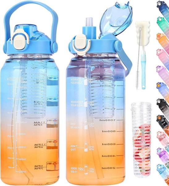 AOPREL Trinkflasche 2l mit Strohhalm Früchtebehälter BPA frei Transparent Blau