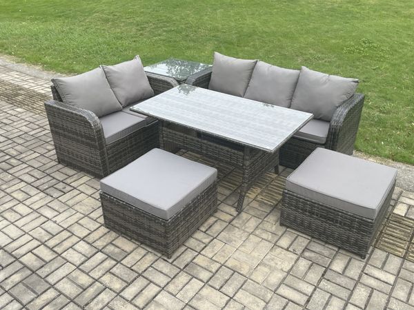 Fimous Rattan Gartenmöbel-Set mit Langer rechteckiger Esstisch 2 Großer Hockern Beistelltisch 7 Sitzer Outdoor Garten Sofa Set Dunkelgrau gemischt