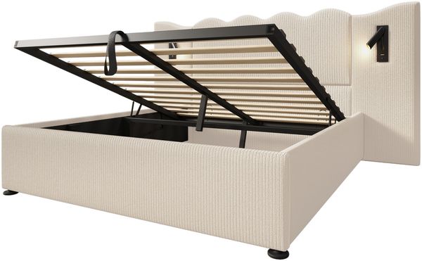 Merax Polsterbett Doppelbett 180×200 mit Leselampe und USB Type-C Ladefunktion, Stauraumbett Bettgestell mit Lattenrost aus Massivholz und Metall, Beige-Weiß, Cordstoff (Ohne Matratze) Bild 9