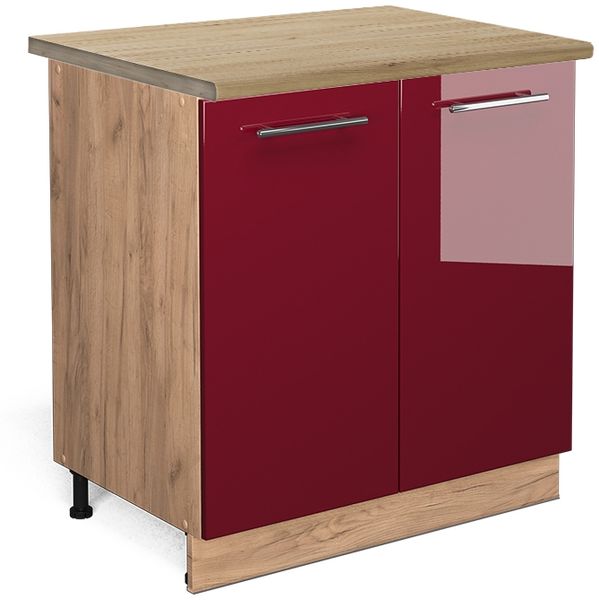 Küchenunterschrank Fame-Line Bordeaux Hochglanz 80 cm mit Regal, AP Eiche Vicco
