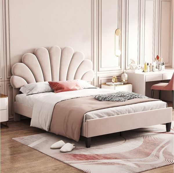 Flieks Polsterbett, Doppelbett Kinderbett Blumenform-Kopfteil Samt 140x200cm