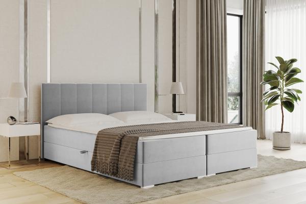 MEBLINI Boxspringbett CHANDON 160x200 cm mit Bettkasten – H3B/Hellgrau Samt Polsterbett - Doppelbett mit Topper & Bonellfederkern-Matratze