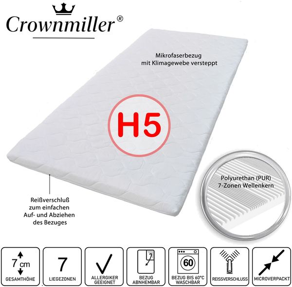 Crownmiller Gigant 180x200cm extra fest, 7 Zonen XXL Topper, 7 cm, Bezug waschbar bis 60°C