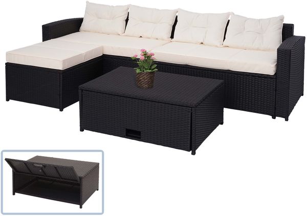 Poly-Rattan Garnitur HWC-J34, Balkon-/Garten-/Lounge-Set Sitzgruppe Sofa, Staufach ~ schwarz, Kissen creme-beige