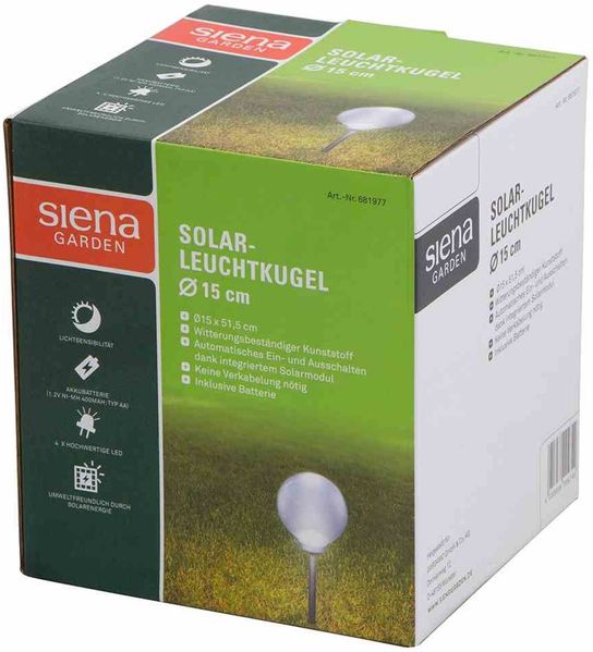 Solar-Leuchtkugel Ø 15 cm, Kunststoff 4 LED, Ø 15 x 51,5 cm, kartonverpackt