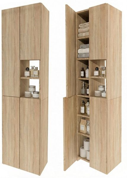 TREND WERK Hochschrank Badschrank schmal stehend B45 x T26,5 x H180 cm (Schmaler Badezimmerschrank mit Regalfächern & Stauraum) Holzoptik, offene & geschlossene Fächer, Standregal Bad, platzsparend