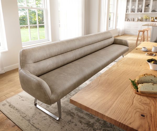 Esszimmerbank Taya-Flex 300 cm Mikrofaser Beige Vintage Kufengestell flach Edelstahl Taschenfederkern