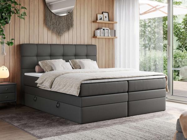 Boxspringbett, Polsterbett, Bett, Schlafzimmer - ERNI-KING - 140x200cm - Dunkelgrau Kunstleder - H3