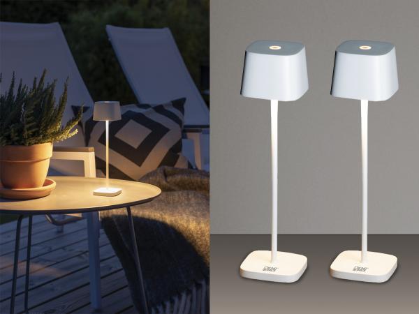 2er Set Wiederaufladbare LED Outdoor Tischleuchten dimmbar in Weiß, Höhe 25cm