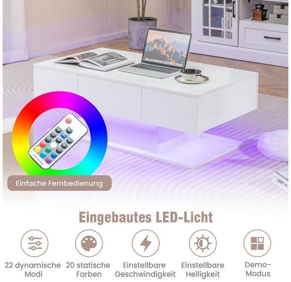 KOMFOTTEU Couchtisch Wohnzimmertisch Sofatisch, mit 20 verstellbaren Lichtfarben & Einstellbarer Helligkeit