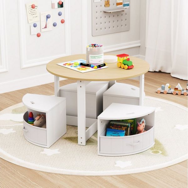 KOMFOTTEU Kindersitzgruppe, Kindertisch mit 4 Stühlen, aus Holz mit Stoffschubladen
