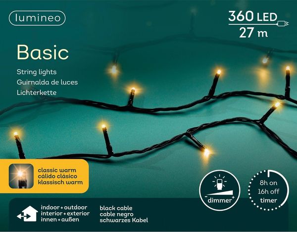 Lumineo LED-Lichterkette Lumineo Lichterkette BASIC 360 LED 27m klassisch warm, schwarzes Kabel, Indoor/Outdoor, dimmbar, 8h-Timer, + 5 m Zuleitung