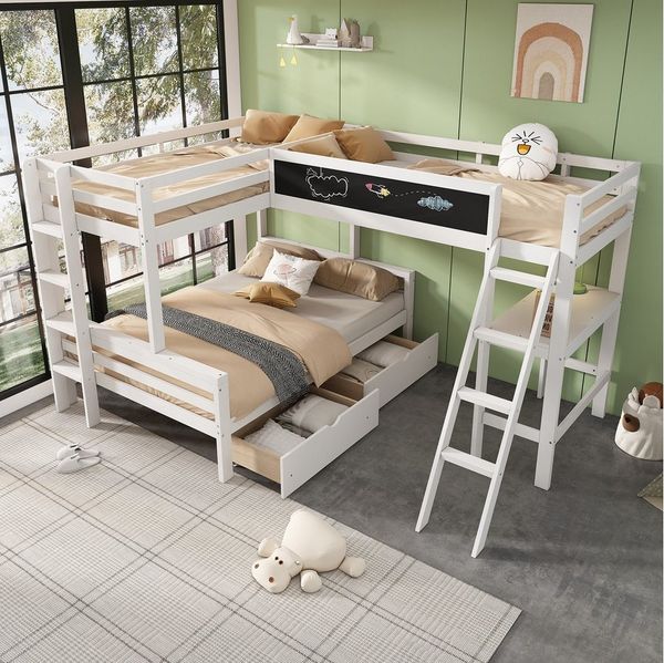 OKWISH Hochbett aus Kiefernholz (Kinderhochbett, Etagenbett, 2 Aufbewahrungsschubladen, 3 Betten(Ein 140*200cm + Zwei 90*200cm) mit Schreibtisch, Regal, Schubladen