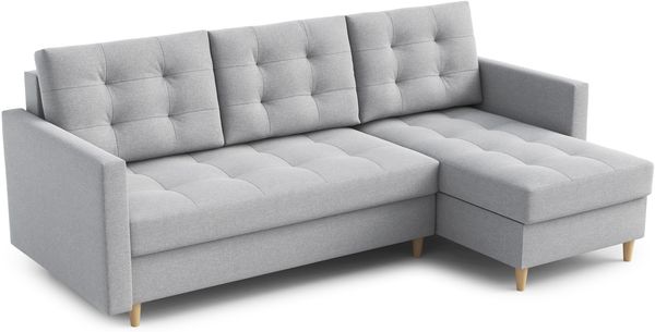AX LIVING Kleine Couch L Form Nesbit 224cm Hellgrau mit Schlaffunktion&Bettkasten