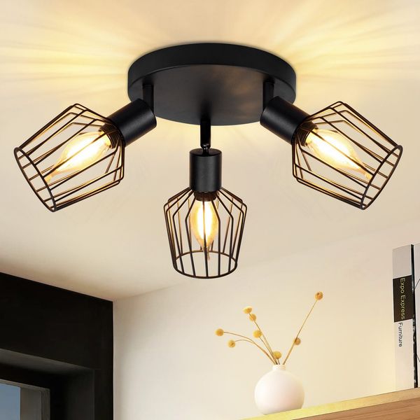 ZMH 3er E14 Deckenspots - Rund Metall, 350° Drehbare Industrielle Flurlampe, Wandleuchte für Flur und Wohnzimmer, Schwarz