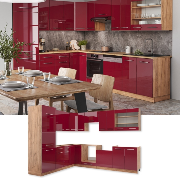 Eckküche Fame-Line Bordeaux Hochglanz/Goldkraft Eiche 227 x 60 cm , AP Anthrazit Vicco Bild 2