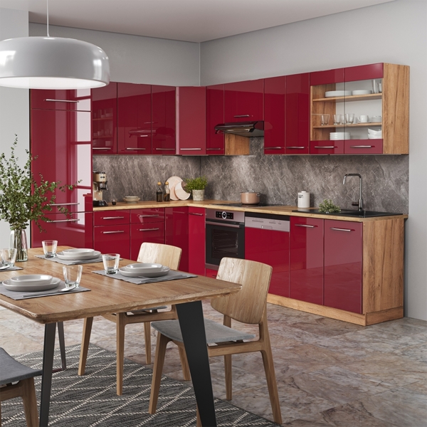 Eckküche Fame-Line Bordeaux Hochglanz/Goldkraft Eiche 227 x 60 cm , AP Anthrazit Vicco Bild 4