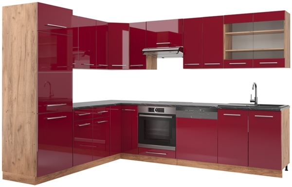 Eckküche Fame-Line Bordeaux Hochglanz/Goldkraft Eiche 227 x 60 cm , AP Anthrazit Vicco Bild 1