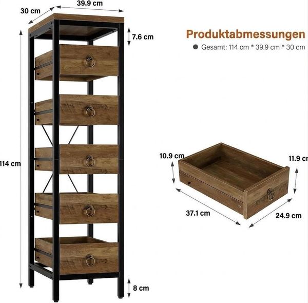 GarveeMore Küchenregal 5-stöckiges mit 5 ausziehbaren Schubladen für Obst und Gemüse, praktisches Regal für Küche, Wohnzimmer, Badezimmer und Supermarkt