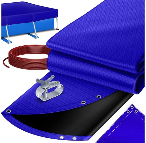 KESSER® Solar Poolabdeckung Pool Abdeckplane | Poolplane aus 200g/m² PE Material Inkl. Stahlseil + Seilspanner mit ösen Solarplane Abdeckung UV-resistente Sommer & Winter Blau / Schwarz, Eckig 304 x 210 cm